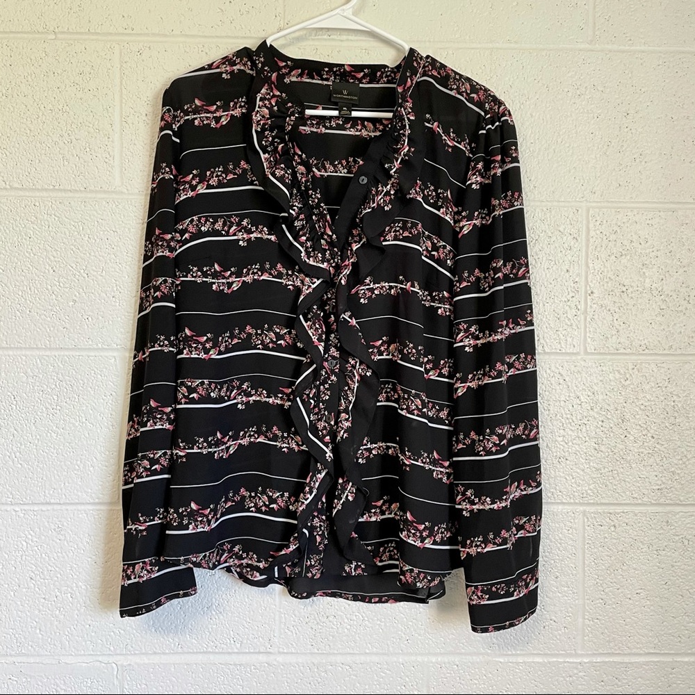 Worthington Black Floral Ruffle Long Sleeve Blouse